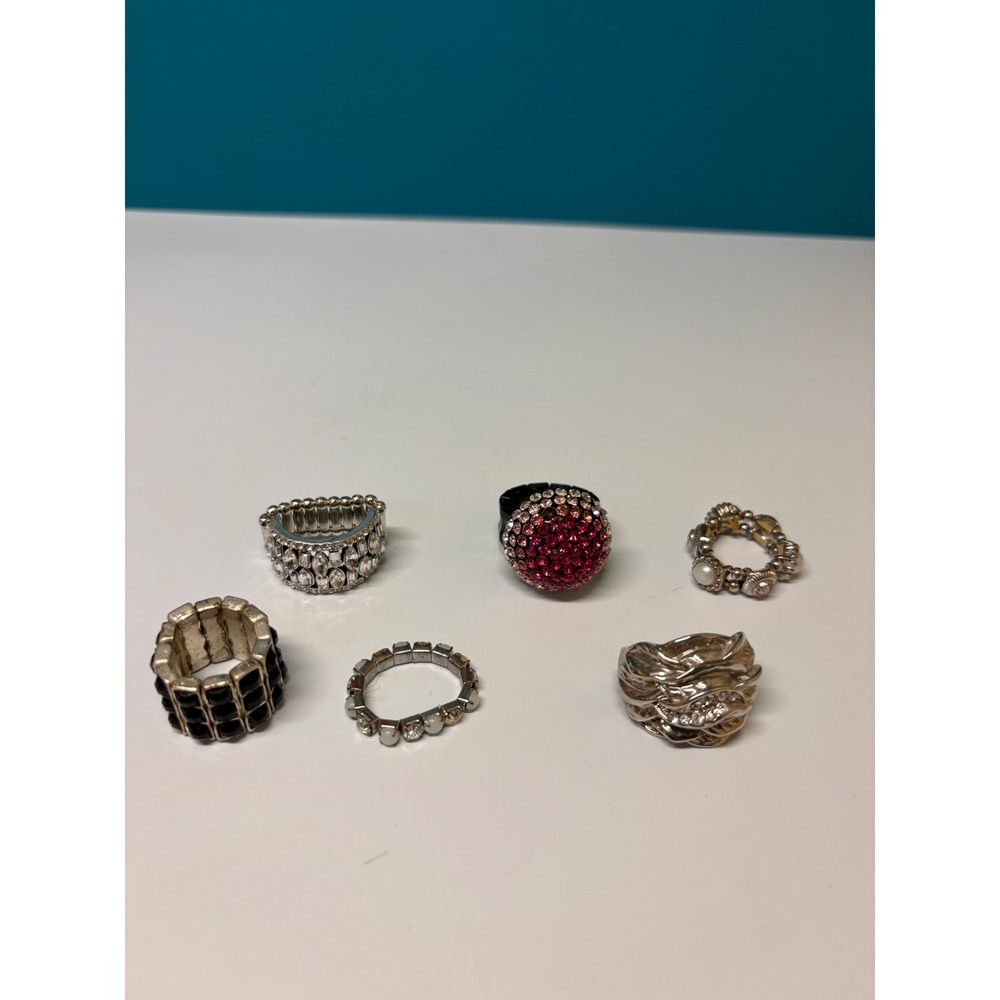 Vintage Stretch Ring Lot 6pc Silver Tone Rhinestone Pearl Stretch Statement